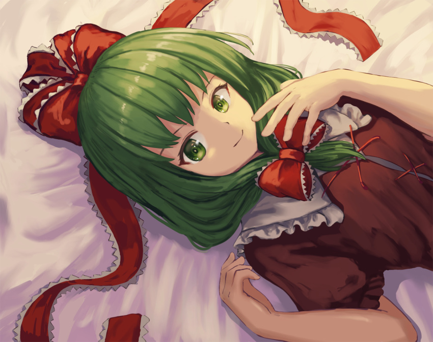 1girl arms_up collar commentary dress frilled_shirt_collar frills front_ponytail green_eyes green_hair hair_ribbon hand_on_own_face kagiyama_hina long_hair looking_at_viewer lying on_back on_bed ookashippo red_dress ribbon shiny shiny_hair smile solo touhou upper_body white_collar