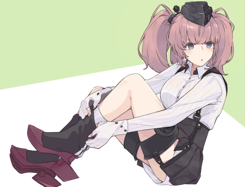 1girl atlanta_(kantai_collection) black_skirt blue_eyes blush breasts brown_hair buttons commentary_request earrings eyebrows_visible_through_hair garrison_cap garter_straps gloves hat high-waist_skirt ichiroku_(sakumogu-029) jewelry kantai_collection large_breasts legs long_hair long_sleeves partly_fingerless_gloves shirt simple_background sitting skirt solo star star_earrings suspender_skirt suspenders thighs twintails two_side_up white_shirt