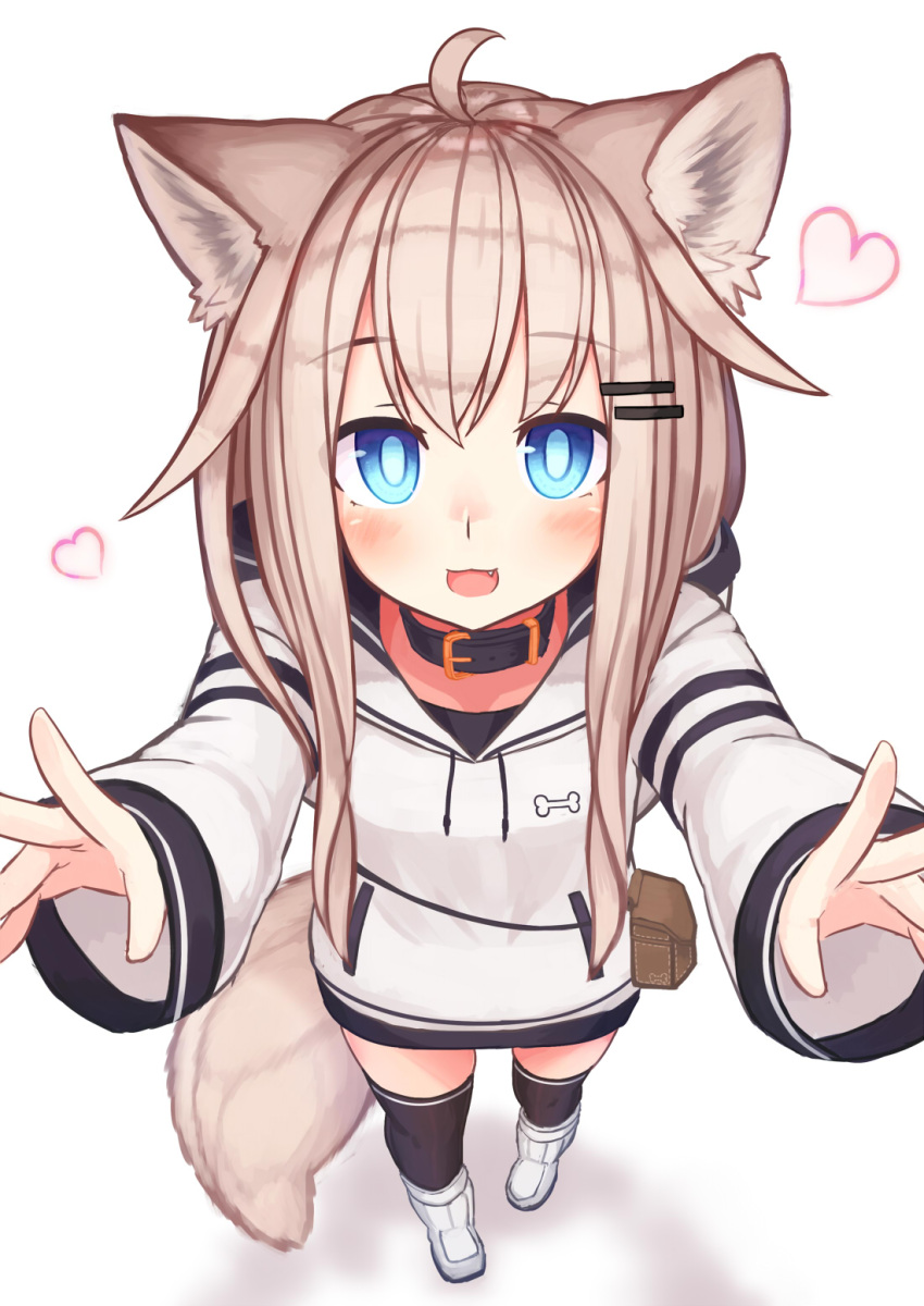 1girl :d ahoge animal_ear_fluff animal_ears bangs black_legwear blue_eyes blush boots brown_hair commentary_request drawstring eyebrows_visible_through_hair fang foreshortening hair_between_eyes hair_ornament hairclip heart highres hood hood_down hoodie long_hair long_sleeves looking_at_viewer open_mouth original outstretched_arms reitou_mikan sleeves_past_wrists smile solo standing tail thigh-highs thighhighs_under_boots white_background white_footwear white_hoodie