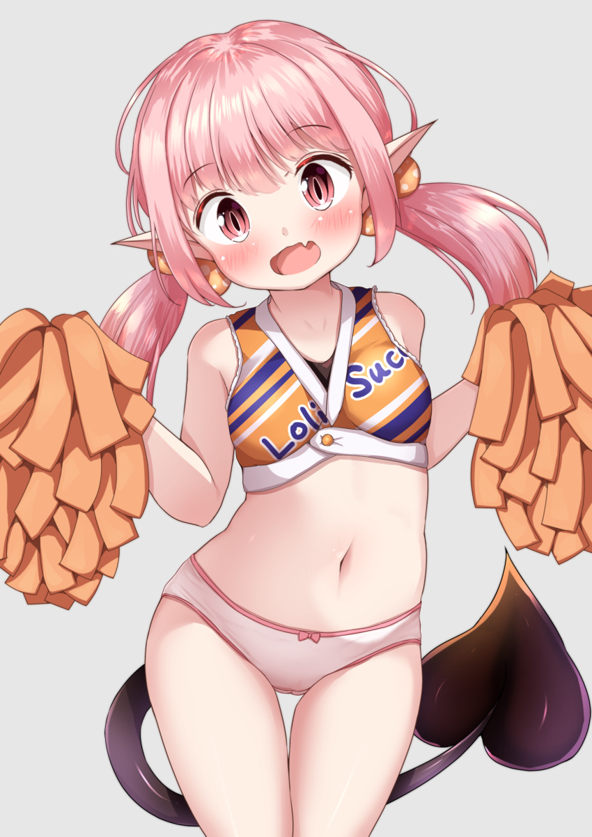 1girl :d bangs bare_shoulders blush bow bow_panties breasts cheerleader clothes_writing crop_top demon_girl demon_tail eyebrows_visible_through_hair fang grey_background hair_between_eyes hair_bow head_tilt highres holding long_hair looking_at_viewer mochiyuki navel no_pants open_mouth orange_bow orange_shirt original panties pink_hair pointy_ears polka_dot polka_dot_bow pom_poms red_eyes shirt simple_background sleeveless sleeveless_shirt small_breasts smile solo stomach succubus tail thigh_gap twintails underwear white_panties