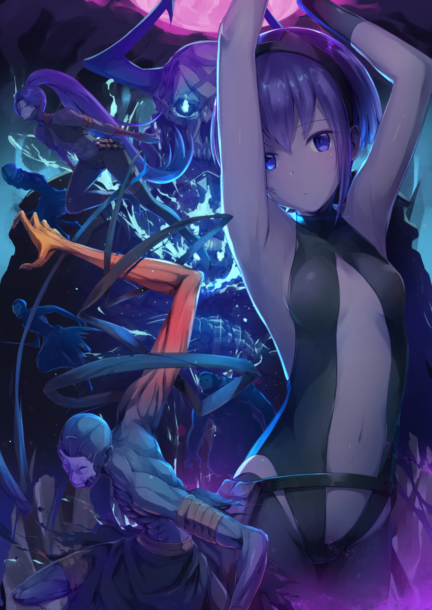 2girls 4boys armpits arms_up assassin_(fate/zero) bangs bare_shoulders black_bodysuit black_pants blue_fire bodysuit breasts commentary_request dark_skin eyebrows_visible_through_hair fate/grand_order fate/prototype fate/prototype:_fragments_of_blue_and_silver fate/zero fate_(series) female_assassin_(fate/zero) fire glowing glowing_eyes hair_between_eyes hassan_of_serenity_(fate) high_ponytail highres horns king_hassan_(fate/grand_order) long_hair multiple_boys multiple_girls navel pants ponytail purple_hair sakusaku skull skull_mask small_breasts very_long_hair violet_eyes
