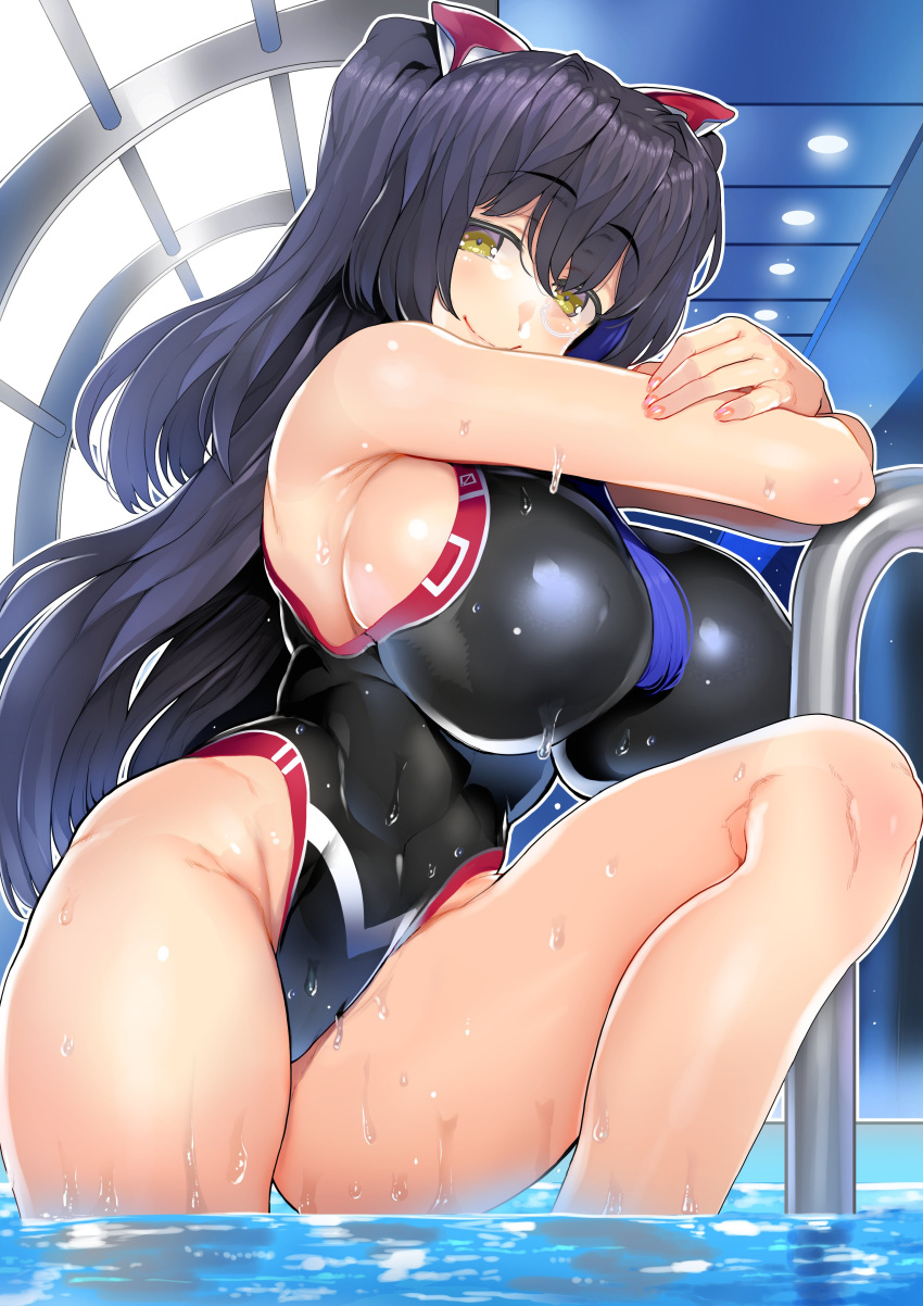 1girl absurdres bare_arms black_hair black_swimsuit breasts brown_eyes char closed_mouth covered_navel eyebrows_visible_through_hair groin highleg highleg_swimsuit highres hip_bones large_breasts long_hair looking_at_viewer monocle one-piece_swimsuit original pool sideboob smile solo swimsuit thighs two_side_up water wet