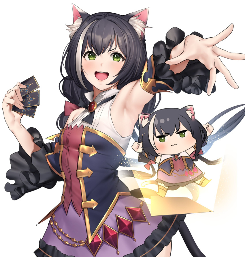 1girl :d animal_ears armpits bare_shoulders black_hair brooch card cat_ears cat_girl cat_tail chibi chibi_inset commentary_request detached_sleeves green_eyes highres hiyashi_yaki holding holding_card jewelry kyaru_(princess_connect) long_hair looking_at_viewer miniskirt multicolored_hair open_mouth outstretched_arm princess_connect! princess_connect!_re:dive purple_skirt shirt simple_background skirt smile solo streaked_hair tail underbust upper_body v-shaped_eyebrows white_background white_shirt