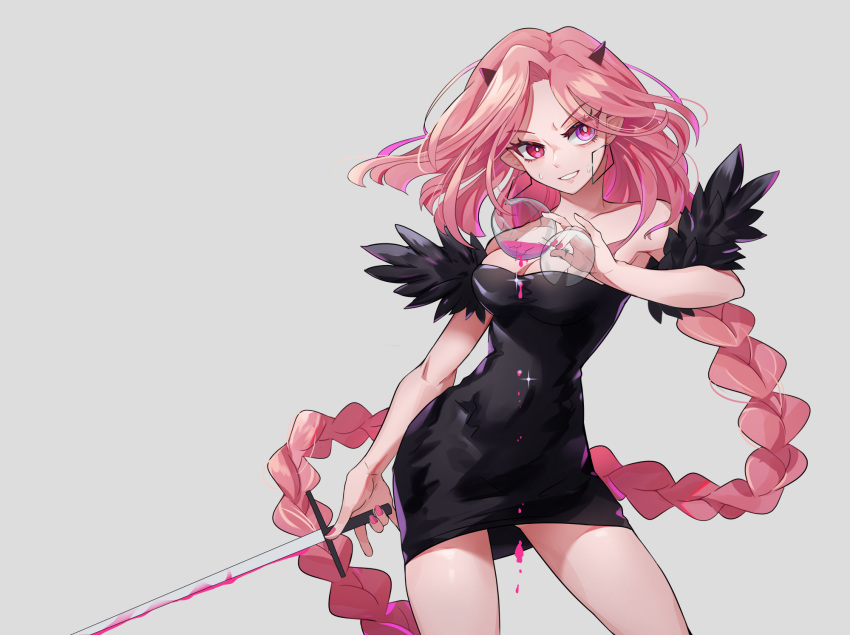 1girl bangs bare_shoulders black_dress breasts collarbone commentary dress eyebrows_visible_through_hair heterochromia highres holding holding_sword holding_weapon horns long_braid long_hair looking_at_viewer medium_breasts pink_blood pink_eyes pink_hair shama_(vocaloid) slaon55 sleeveless sleeveless_dress strapless strapless_dress sword very_long_hair violet_eyes weapon