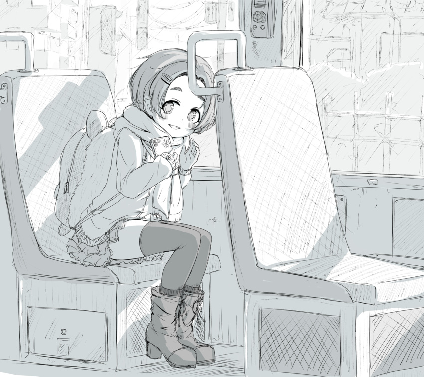 1girl backpack bag blush boots bus_interior buttons cardigan chair day fur grin hair_ornament hairclip high_heel_boots high_heels highres holding idolmaster idolmaster_cinderella_girls leaning_forward long_sleeves looking_at_viewer mikuma_folgore miniskirt monochrome ryuuzaki_kaoru scarf shade short_hair sitting sketch skirt sleeves_past_wrists smile socks_over_thighhighs solo themed_object thigh-highs wallet waving window