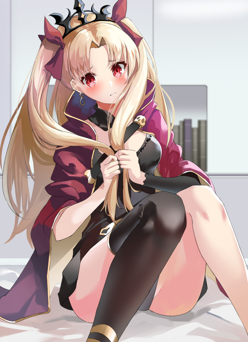 1girl asymmetrical_legwear asymmetrical_sleeves bangs black_legwear blonde_hair blush bow breasts cape closed_mouth detached_collar earrings ereshkigal_(fate/grand_order) fate/grand_order fate_(series) gold_trim hair_bow highres holding holding_hair infinity jewelry knees_together_feet_apart knees_up long_hair looking_at_viewer medium_breasts parted_bangs red_bow red_cape red_eyes single_sleeve single_thighhigh sitting skull solo thigh-highs thighs tiara tukise_33 two_side_up