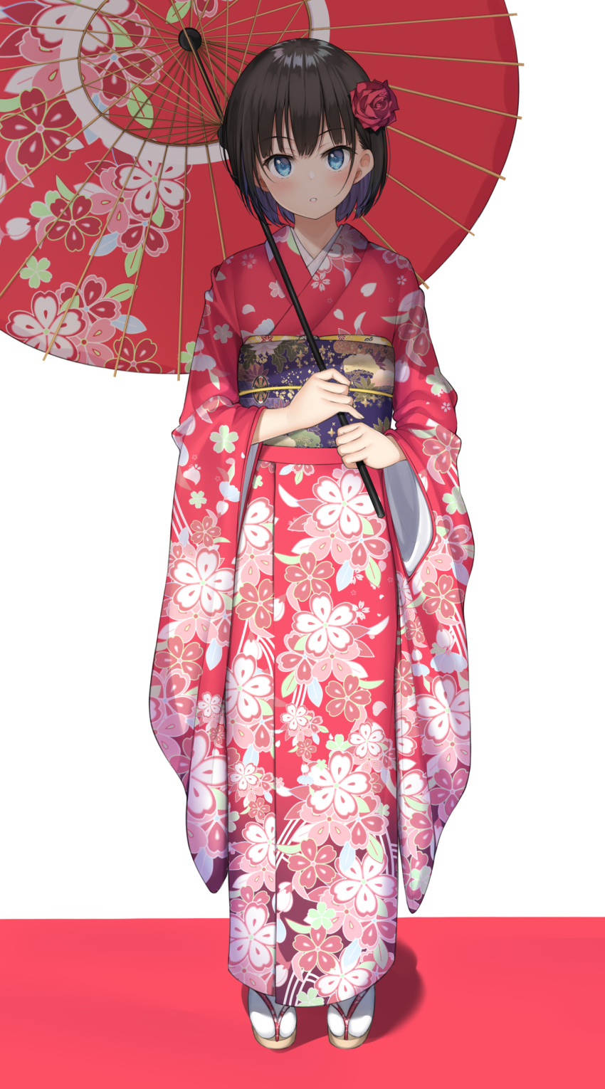 1girl :o absurdres bangs black_hair blue_eyes blush eyebrows_visible_through_hair floral_print flower full_body geta hair_flower hair_ornament highres holding holding_umbrella japanese_clothes kimono long_sleeves mottsun_(i_40y) obi oriental_umbrella original parted_lips print_kimono red_flower red_kimono red_rose rose sash short_hair simple_background solo standing tabi umbrella white_background white_legwear wide_sleeves yukata