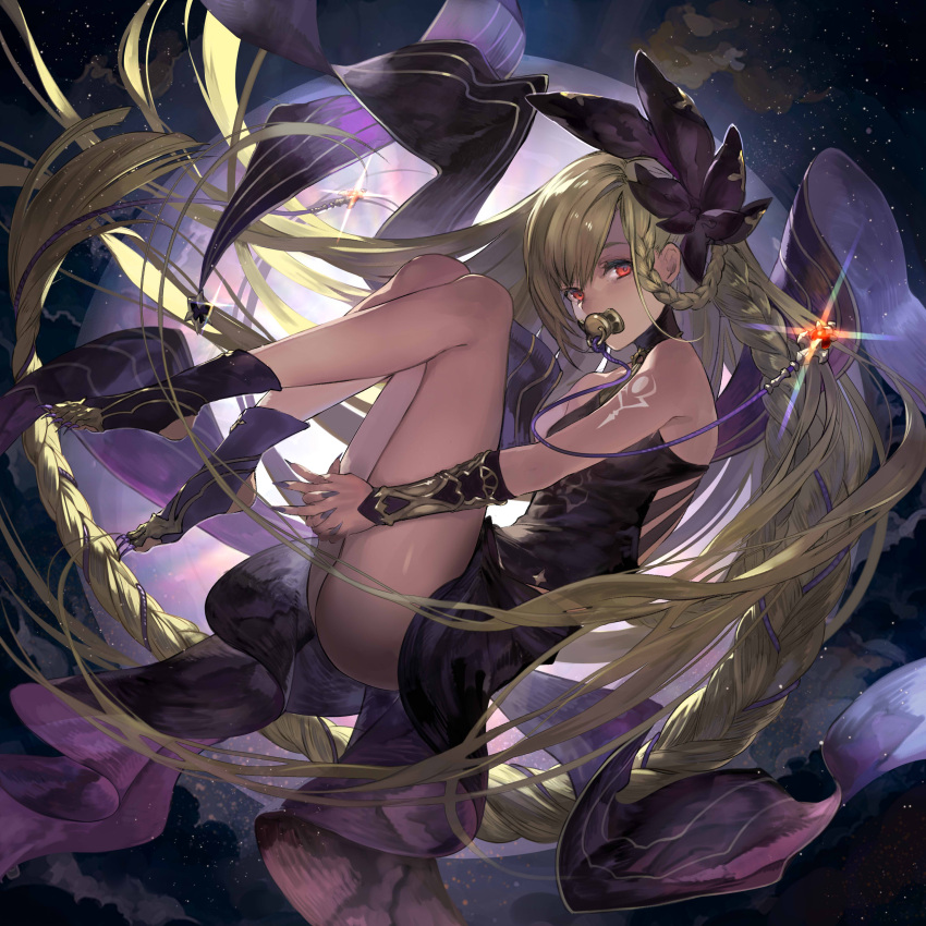 1girl absurdres black_dress blonde_hair bow braid dark_skin dress floating floating_hair granblue_fantasy hair_bow helel_ben_shalem highres holding_legs long_hair moon osamu_(jagabata) pacifier red_eyes sleeveless sleeveless_dress solo tattoo thighs