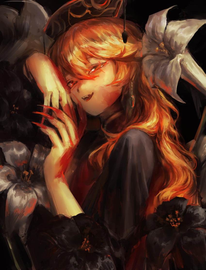 1girl absurdres black_dress black_flower black_headwear blonde_hair blood blood_on_face bloody_hands commentary_request dress earrings fingernails flower from_side hair_between_eyes hatena_(nazequestion) highres jewelry junko_(touhou) lily_(flower) long_fingernails long_hair looking_at_viewer red_eyes red_nails sharp_fingernails smile solo touhou upper_body white_flower