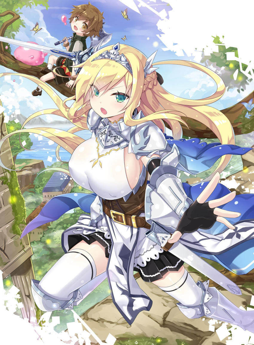 1boy 1girl :o armor armored_dress bangs belt black_skirt blonde_hair blush bracer braid breasts bug butterfly character_request comm-nan_no_ore_ga_koushou_skill_ni_zenfurishite_tenseishita_kekka covered_nipples diadem eyebrows_visible_through_hair eyes_visible_through_hair fingerless_gloves french_braid gloves greaves green_eyes highres holding holding_sword holding_weapon in_tree insect large_breasts leg_up long_hair novel_illustration official_art outdoors outstretched_arms pelvic_curtain pleated_skirt sheath short_hair shota shoulder_armor sideboob sidelocks sitting sitting_in_tree skirt spaulders swept_bangs sword thigh-highs tree v-shaped_eyebrows weapon white_legwear yano_mitsuki