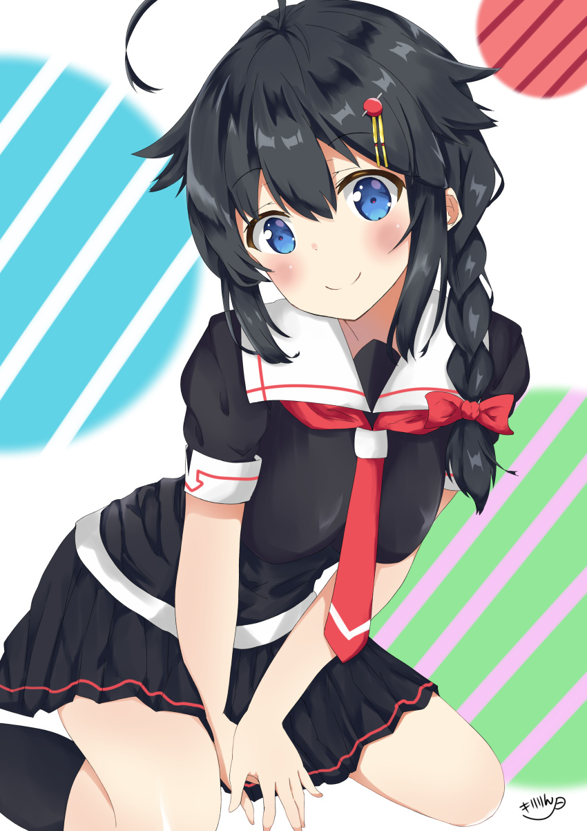 1girl absurdres ahoge black_hair black_legwear black_serafuku black_skirt blue_eyes blush braid eyebrows_visible_through_hair hair_flaps hair_ornament highres kantai_collection kiririn_(ankade) long_hair looking_at_viewer necktie pleated_skirt red_neckwear remodel_(kantai_collection) school_uniform serafuku shigure_(kantai_collection) single_braid sitting skirt smile solo