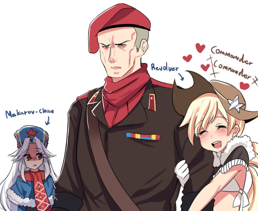 1boy 2girls arm_hug ascot beret blonde_hair blue_eyes blush capelet colt_m1873_(girls_frontline) comedy commentary cowboy_hat crossover english_commentary english_text fur_hat fur_trim girls_frontline gloves hat heart hetero highres hinghoi jealous jealousy long_hair makarov_(girls_frontline) metal_gear_(series) military military_uniform multiple_girls red_eyes revolver_ocelot ribbon_bar shaded_face short_hair simple_background star uniform upper_body ushanka white_background white_gloves white_hair yandere