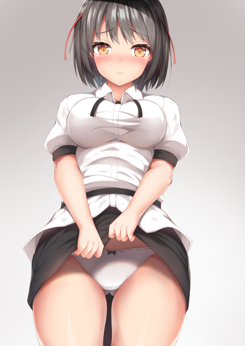 1girl ass_visible_through_thighs bangs belt black_belt black_hair black_skirt blush breasts brown_eyes commentary_request cowboy_shot eyebrows_visible_through_hair gradient gradient_background grey_background highres large_breasts lifted_by_self looking_at_viewer miniskirt nose_blush panties puffy_short_sleeves puffy_sleeves shameimaru_aya shirt short_hair short_sleeves skirt skirt_lift solo standing tatsumiya_kagari thighs touhou underwear white_panties white_shirt