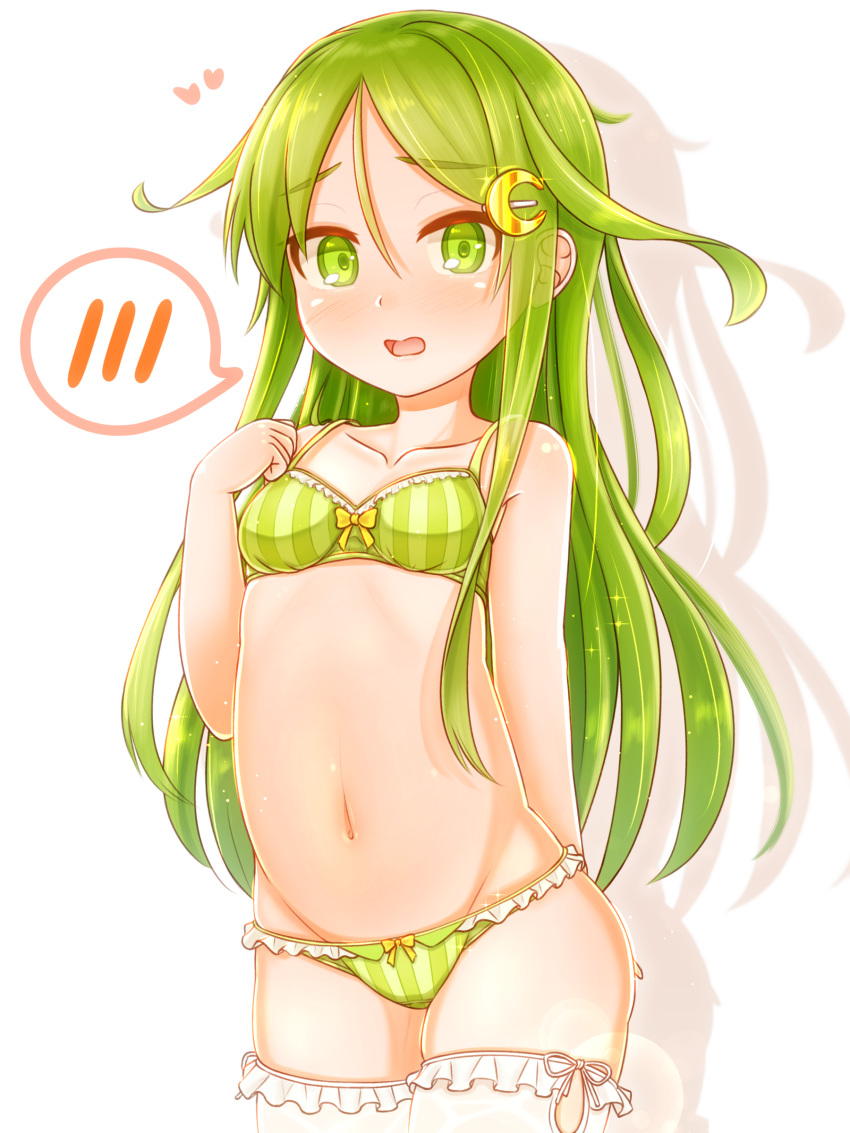 1girl absurdres bangs blush bra breasts collarbone crescent crescent_hair_ornament eyebrows_visible_through_hair frills green_bra green_eyes green_hair green_panties hair_ornament heart highres kantai_collection long_hair nagatsuki_(kantai_collection) navel open_mouth panties simple_background small_breasts solo spoken_blush striped striped_bra striped_panties suzushiro_(gripen39) thigh-highs underwear white_background white_legwear
