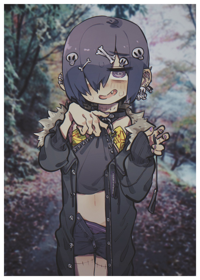 1boy adjusting_clothes coat collar commentary covered_nipples crop_top earrings fang fur_trim hair_ornament hair_over_one_eye hairpin highres holding_leash jacket jewelry looking_at_viewer nail_polish neko_860 open_clothes open_coat open_mouth original otoko_no_ko outdoors panties purple_hair purple_panties short_hair short_shorts shorts skull_hair_ornament sleeveless solo standing stitches sweat talisman underwear unzipped violet_eyes