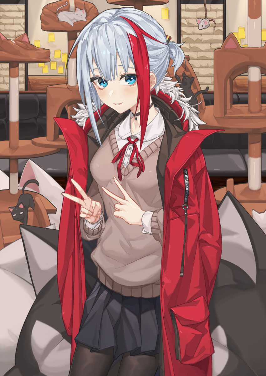 1girl absurdres admiral_graf_spee_(azur_lane) alternate_costume alternate_hairstyle azur_lane bangs beige_sweater black_cat black_choker black_legwear black_skirt blue_eyes cafe cat choker collared_shirt commentary cowboy_shot grin highres indoors jacket jacket_on_shoulders leaning_forward looking_at_viewer multicolored_hair neck_ribbon page'as pantyhose pleated_skirt red_jacket red_neckwear ribbon shirt short_hair sidelocks skirt smile solo standing streaked_hair sweater teeth v v-neck white_hair white_shirt