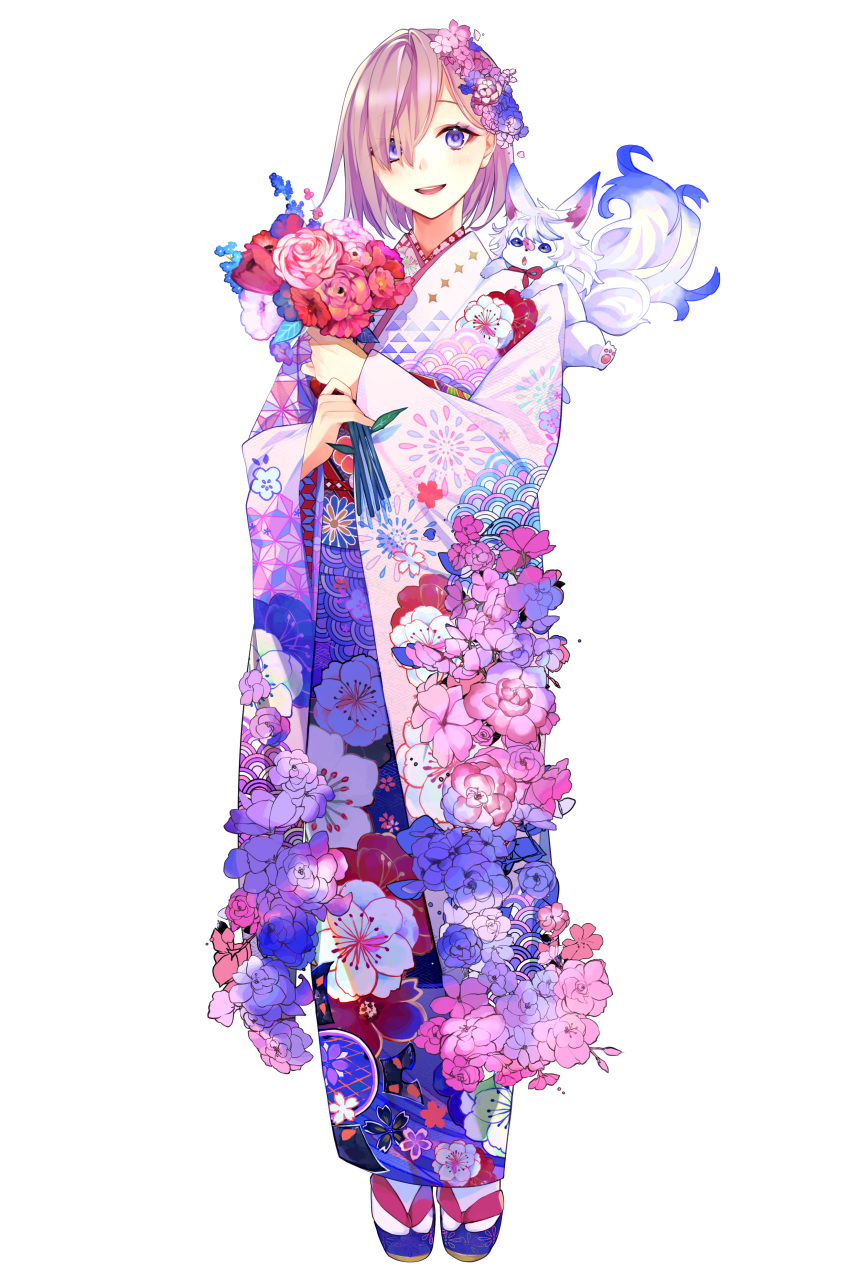 1girl :d absurdres alternate_costume blush bouquet commentary_request creature creature_on_shoulder eyebrows_visible_through_hair fate/grand_order fate_(series) floral_print flower flower_trim fou_(fate/grand_order) hair_flower hair_ornament hair_over_one_eye highres holding holding_bouquet japanese_clothes kimono long_sleeves looking_at_viewer mash_kyrielight mishasimarina0130 multicolored multicolored_clothes multicolored_kimono open_mouth petals pink_flower pink_hair pink_rose print_kimono purple_flower red_flower rose short_hair simple_background smile tulip violet_eyes white_background wide_sleeves
