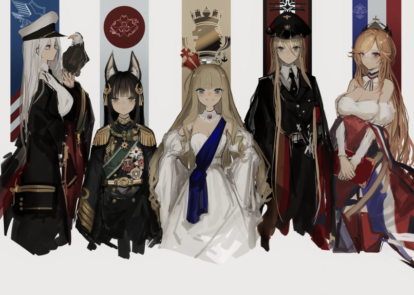 5girls animal_ears azur_lane bald_eagle bird bismarck_(azur_lane) blonde_hair blue_eyes book brown_eyes country_connection crown detached_sleeves dress eagle enterprise_(azur_lane) fox_ears french_flag hat height_difference highres hime_cut iron_cross long_hair medal military military_hat military_jacket military_uniform mini_crown multiple_girls nagato_(azur_lane) naruwe peaked_cap queen_elizabeth_(azur_lane) richelieu_(azur_lane) silver_hair tagme uniform