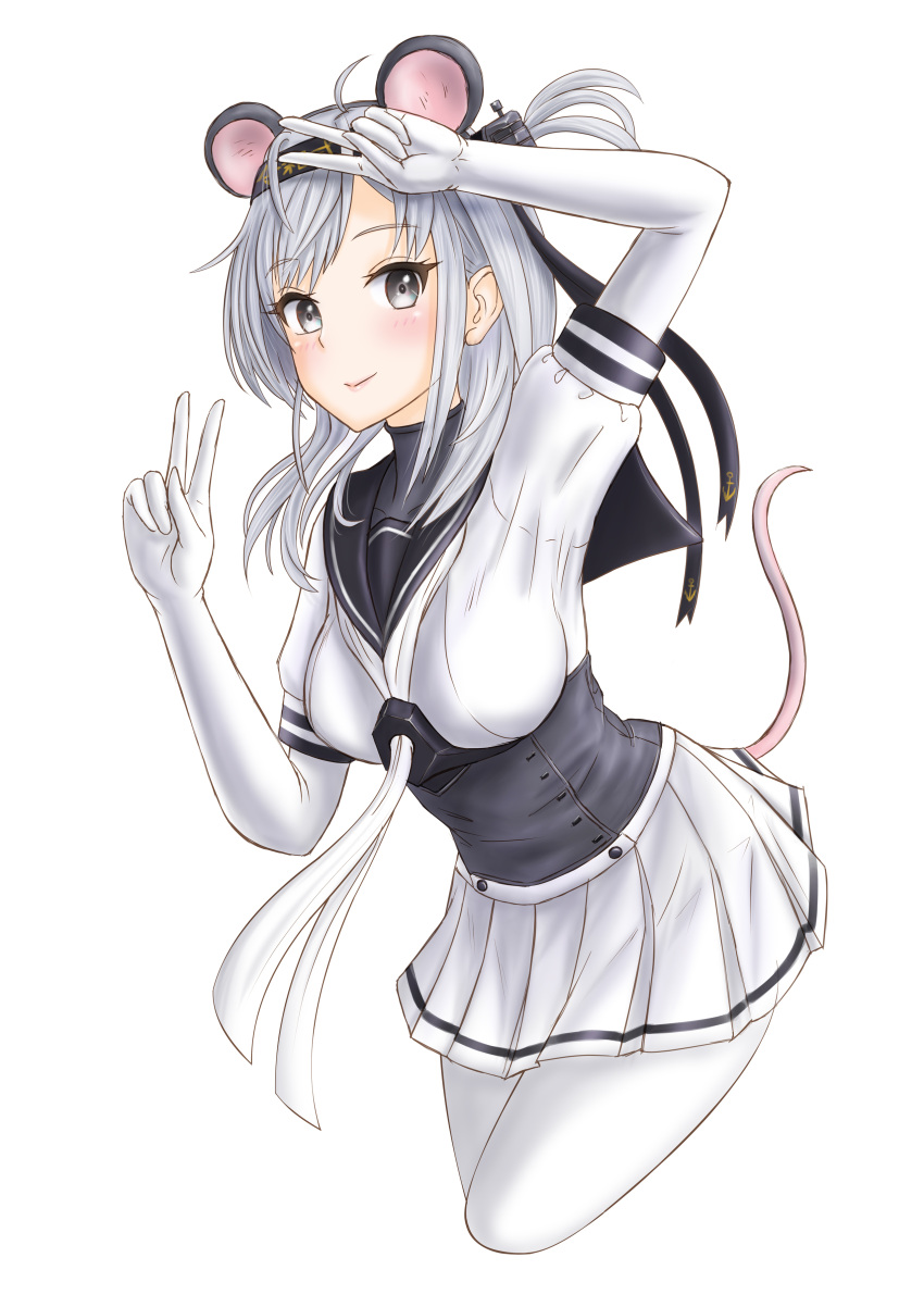 1girl absurdres animal_ears black_headband black_sailor_collar bodysuit breasts clothes_writing commentary_request corset cowboy_shot double_v headband highres kantai_collection long_hair medium_breasts mouse_ears mouse_tail neckerchief one_side_up sailor_collar silver_hair skirt skypixter solo standing suzutsuki_(kantai_collection) tail v white_bodysuit white_neckwear white_skirt