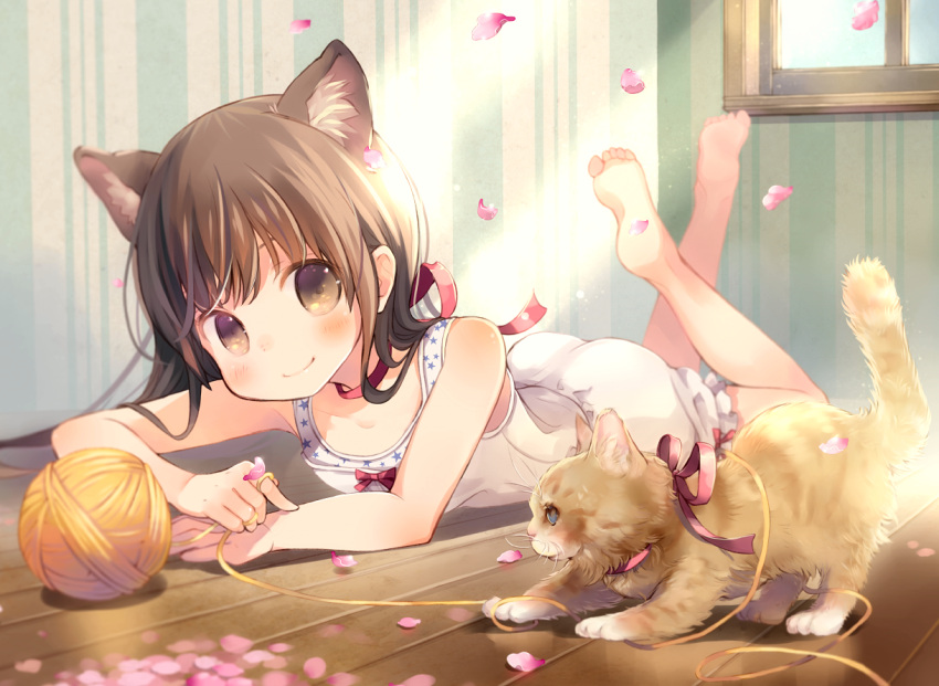 1girl animal_ears ass bangs bare_shoulders blush brown_eyes brown_hair cat cat_ears child collarbone commentary_request hair_ribbon kuga_tsukasa looking_at_viewer lying on_stomach original pink_ribbon red_ribbon ribbon smile
