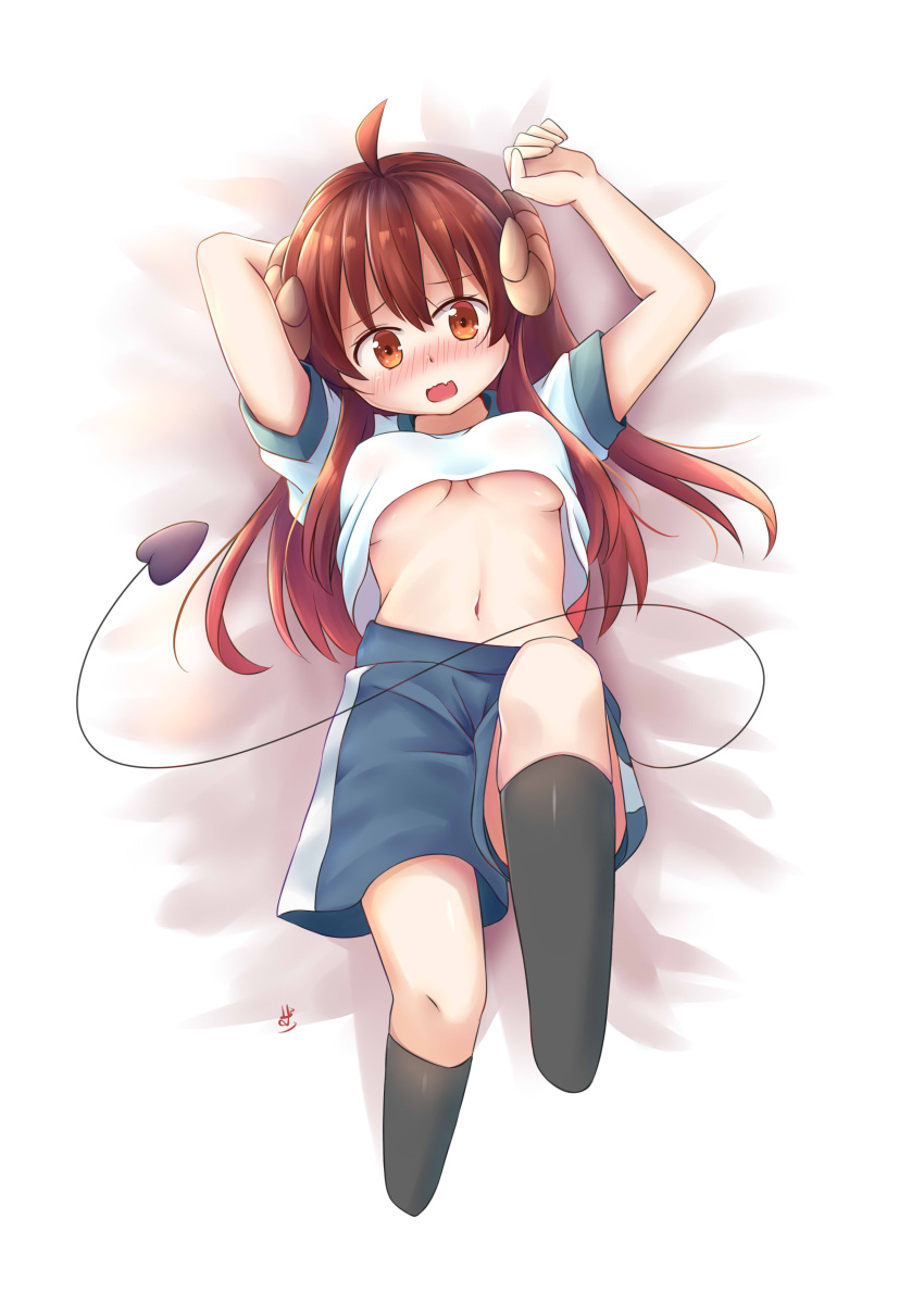 1girl absurdres ahoge blush breasts brown_hair curled_horns demon_girl demon_horns demon_tail eyebrows_visible_through_hair gym_shirt gym_shorts gym_uniform highres horns jiangshibu!@#$ long_hair lying machikado_mazoku navel on_back open_mouth shirt shorts simple_background socks solo tail under_boob yoshida_yuuko_(machikado_mazoku)