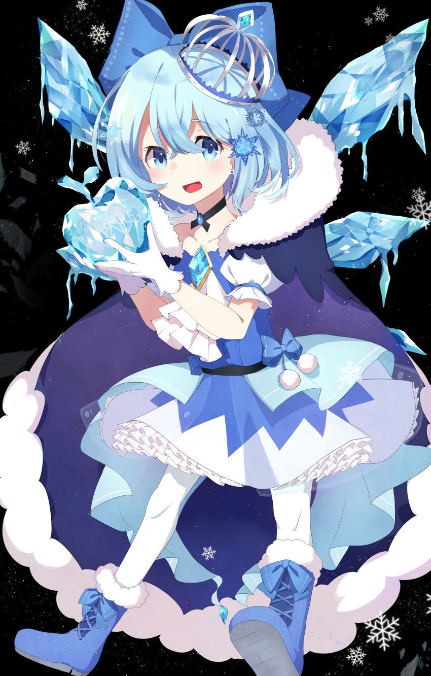 1girl :d absurdres adapted_costume ametama_(runarunaruta5656) black_background blue_bow blue_dress blue_eyes blue_footwear blue_hair boots bow brooch cape cirno commentary cross-laced_footwear crown crystal dress embellished_costume food frozen fruit full_body fur_collar gem hair_between_eyes highres holding holding_food holding_fruit jewelry off-shoulder_dress off_shoulder open_mouth shoe_bow shoes short_hair smile snowflakes solo touhou