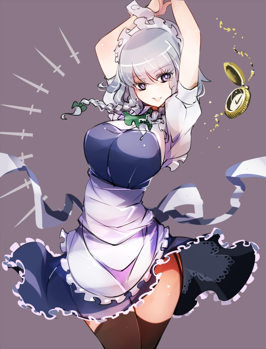 1girl apron arms_up ascot bangs black_legwear blue_dress blue_eyes bow braid breasts commentary_request cowboy_shot dress eyebrows_visible_through_hair frilled_apron frills garter_straps green_bow green_neckwear hair_bow highres izayoi_sakuya large_breasts looking_at_viewer maid maid_apron maid_headdress no_nose pocket_watch puffy_short_sleeves puffy_sleeves purple_background raptor7 shirt short_dress short_hair short_sleeves silver_hair simple_background smile solo strapless strapless_dress thigh-highs thighs touhou twin_braids waist_apron watch white_apron white_shirt wrist_cuffs