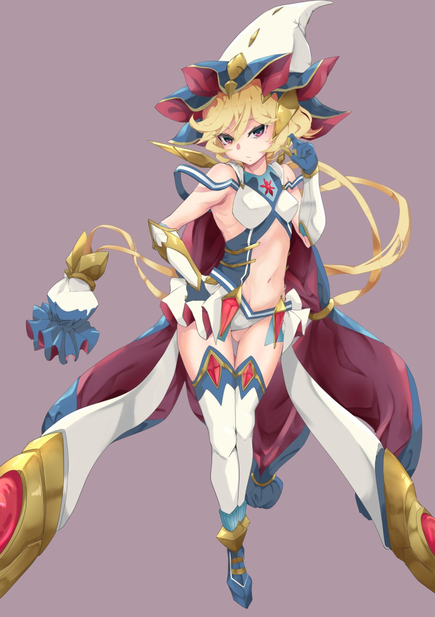 1girl blonde_hair blush breasts cape carol_malus_dienheim elbow_gloves gloves hat highres leotard long_hair looking_at_viewer medium_breasts multicolored_leotard navel navel_cutout senki_zesshou_symphogear senki_zesshou_symphogear_xd_unlimited shiny shiny_hair solo thigh-highs user_aehu7343 violet_eyes witch_hat