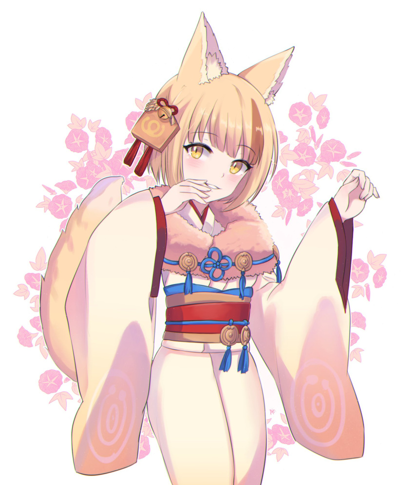1girl animal_ears bell blonde_hair brown_hair fire_emblem fire_emblem_fates fire_emblem_heroes fox_ears fox_tail grin hair_ornament highres japanese_clothes kimono lilshironeko long_sleeves multicolored_hair obi sash selkie_(fire_emblem) smile solo streaked_hair tail wide_sleeves yellow_eyes