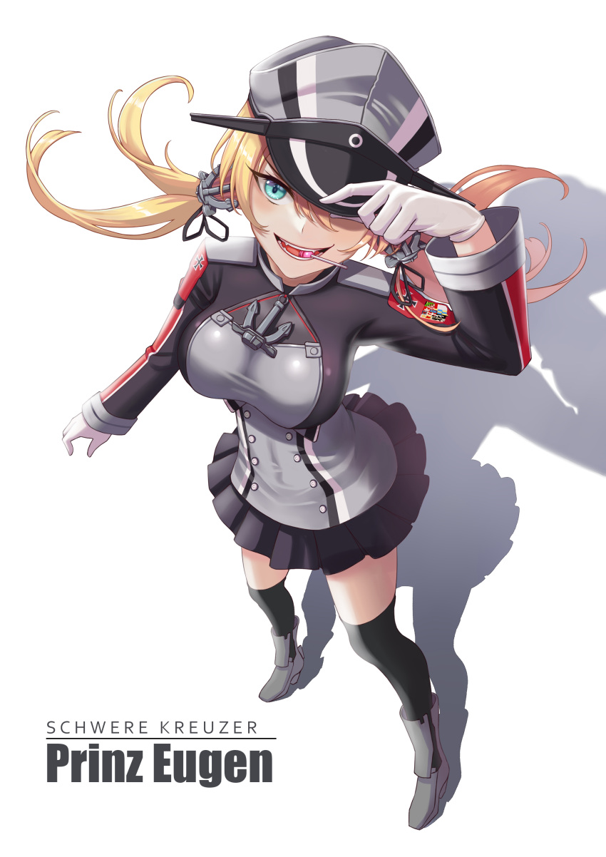1girl absurdres aqua_eyes bad_anatomy bad_perspective black_legwear black_skirt blonde_hair candy character_name dawn_(664387320) food gloves hat highres kantai_collection lollipop long_hair long_sleeves low_twintails military military_uniform open_mouth peaked_cap pleated_skirt prinz_eugen_(kantai_collection) skirt smile solo thigh-highs tsurime twintails uniform white_gloves