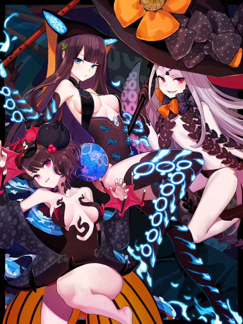 3girls abigail_williams_(fate/grand_order) absurdres bangs bare_shoulders black_bow black_dress black_footwear black_gloves black_hair black_headwear black_legwear black_panties blue_eyes blue_fire blunt_bangs blush boots bow breasts calligraphy_brush center_opening closed_mouth collarbone commentary_request dress elbow_gloves fate/grand_order fate_(series) fire flute forehead gloves glowing glowing_eye grin hair_ornament hat hat_bow high_heel_boots high_heels highres instrument katsushika_hokusai_(fate/grand_order) key keyhole large_breasts leaf_hair_ornament long_hair long_sleeves looking_at_viewer multiple_bows multiple_girls nima_(niru54) off_shoulder orange_bow paintbrush pale_skin panties parted_bangs parted_lips pink_eyes pipa_(instrument) polka_dot polka_dot_bow purple_hair revealing_clothes short_hair sleeveless sleeveless_dress smile staff strapless strapless_dress swept_bangs tentacles thigh-highs thigh_boots thighs third_eye underwear v-shaped_eyebrows very_long_hair violet_eyes white_hair white_skin witch_hat yang_guifei_(fate/grand_order)