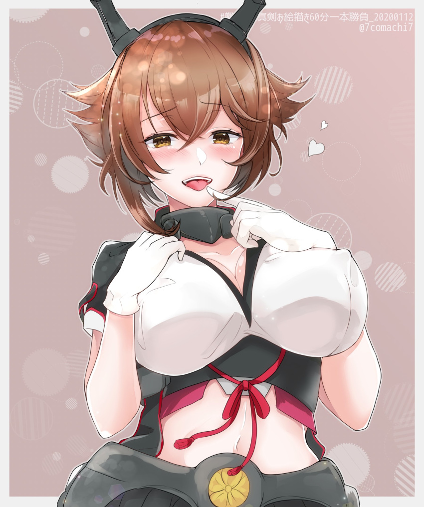 1girl 7comachi7 blush breasts brown_eyes brown_hair covered_nipples eyebrows_visible_through_hair gloves hair_between_eyes hairband headgear highres kantai_collection large_breasts looking_at_viewer midriff mutsu_(kantai_collection) navel open_mouth radio_antenna short_hair smile solo white_gloves