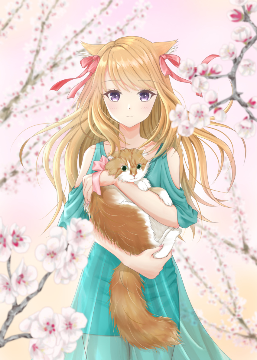 1girl animal_ears apricot_blossom bangs bare_shoulders blonde_hair blue_dress blue_eyes blurry blurry_background blurry_foreground cat cat_ears commentary_request cowboy_shot depth_of_field dress eyebrows_visible_through_hair fingernails floral_background hair_ribbon highres holding holding_cat light_blush long_hair looking_at_viewer original persian_(animal) pink_background raglan_sleeves ribbon short_sleeves smile solo standing swept_bangs tree_branch very_long_hair yamamoto_tomoha
