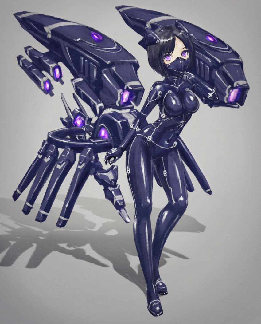 1girl black_bodysuit black_hair bodysuit breasts full_body grey_background headgear highres looking_at_viewer mask mecha_musume medium_breasts ninja_mask original science_fiction shadow shiny shiny_clothes short_hair skin_tight solo violet_eyes yumikoyama49