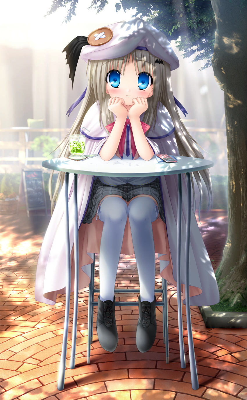 1girl absurdres bangs black_footwear blue_eyes blush cape capelet chin_rest closed_mouth full_body grey_skirt hat hat_ribbon highres kud_wafter little_busters!! long_hair looking_at_viewer miniskirt na-ga noumi_kudryavka official_art pink_neckwear plaid plaid_skirt pleated_skirt purple_ribbon ribbon silver_hair sitting skirt smile solo thigh-highs tree very_long_hair white_cape white_capelet white_headwear white_legwear zettai_ryouiki