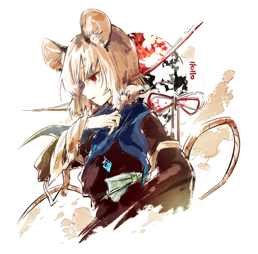 1girl 2020 animal animal_ears black_dress capelet dress from_side hand_up highres hisona_(suaritesumi) jewelry long_sleeves looking_down medium_hair mouse mouse_ears mouse_tail nazrin pendant red_eyes red_string silver_hair simple_background solo string tail touhou upper_body white_background