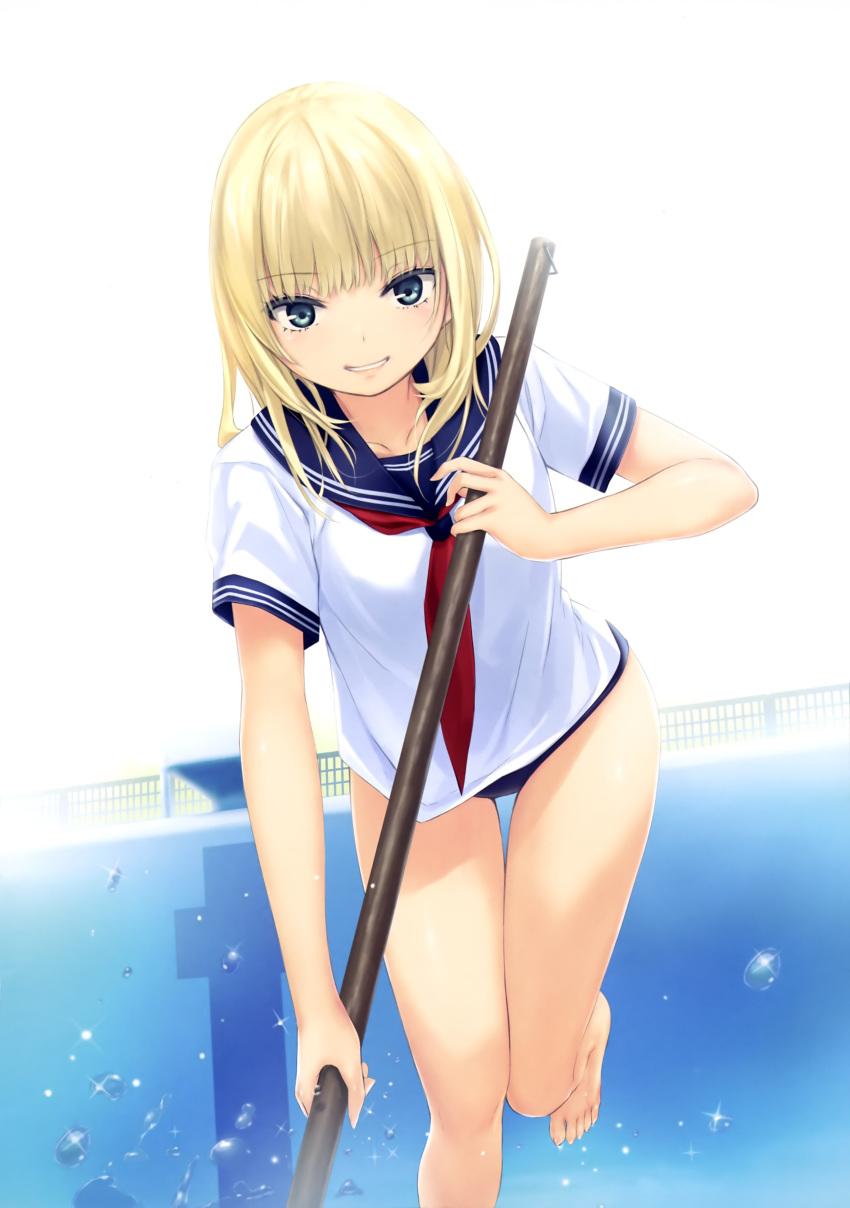 1girl absurdres blonde_hair blue_eyes blue_swimsuit cleaning cleaning_brush coffee-kizoku feet highres looking_at_viewer medium_hair one-piece_swimsuit original school_swimsuit school_uniform serafuku swimsuit swimsuit_under_clothes