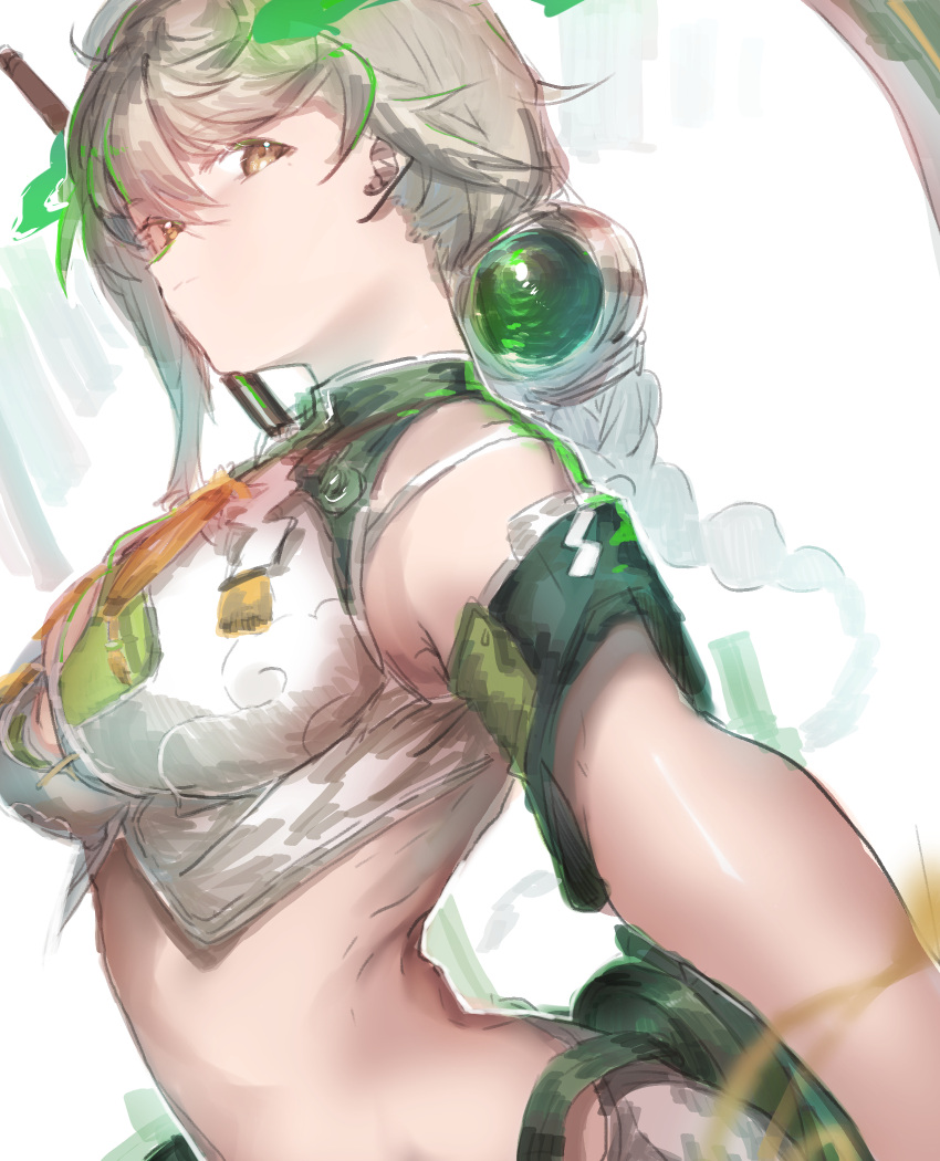 1girl asymmetrical_bangs asymmetrical_hair bangs bare_shoulders blurry braid breasts brown_eyes cleavage_cutout closed_mouth cloud_print crop_top depth_of_field hair_between_eyes hair_ornament highres kantai_collection long_hair looking_at_viewer midriff pleated_skirt polearm remodel_(kantai_collection) shakenamahamu shide short_sleeves silver_hair simple_background single_braid skirt solo sparks unryuu_(kantai_collection) upper_body very_long_hair weapon white_background