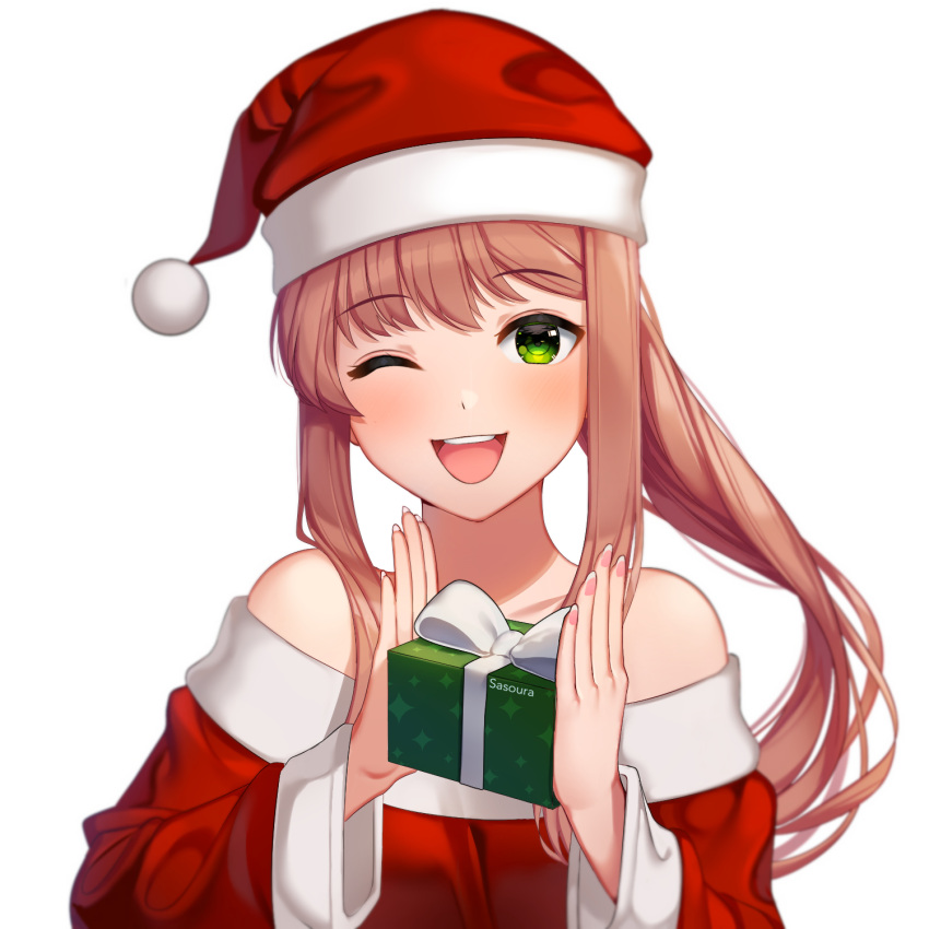 1girl ;d artist_name bare_shoulders box brown_hair christmas commentary doki_doki_literature_club english_commentary eyebrows_visible_through_hair gift gift_box green_eyes hat highres incoming_gift long_hair long_sleeves looking_at_viewer monika_(doki_doki_literature_club) off_shoulder one_eye_closed open_mouth pom_pom_(clothes) ponytail santa_costume santa_hat sasoura simple_background smile solo upper_body white_background