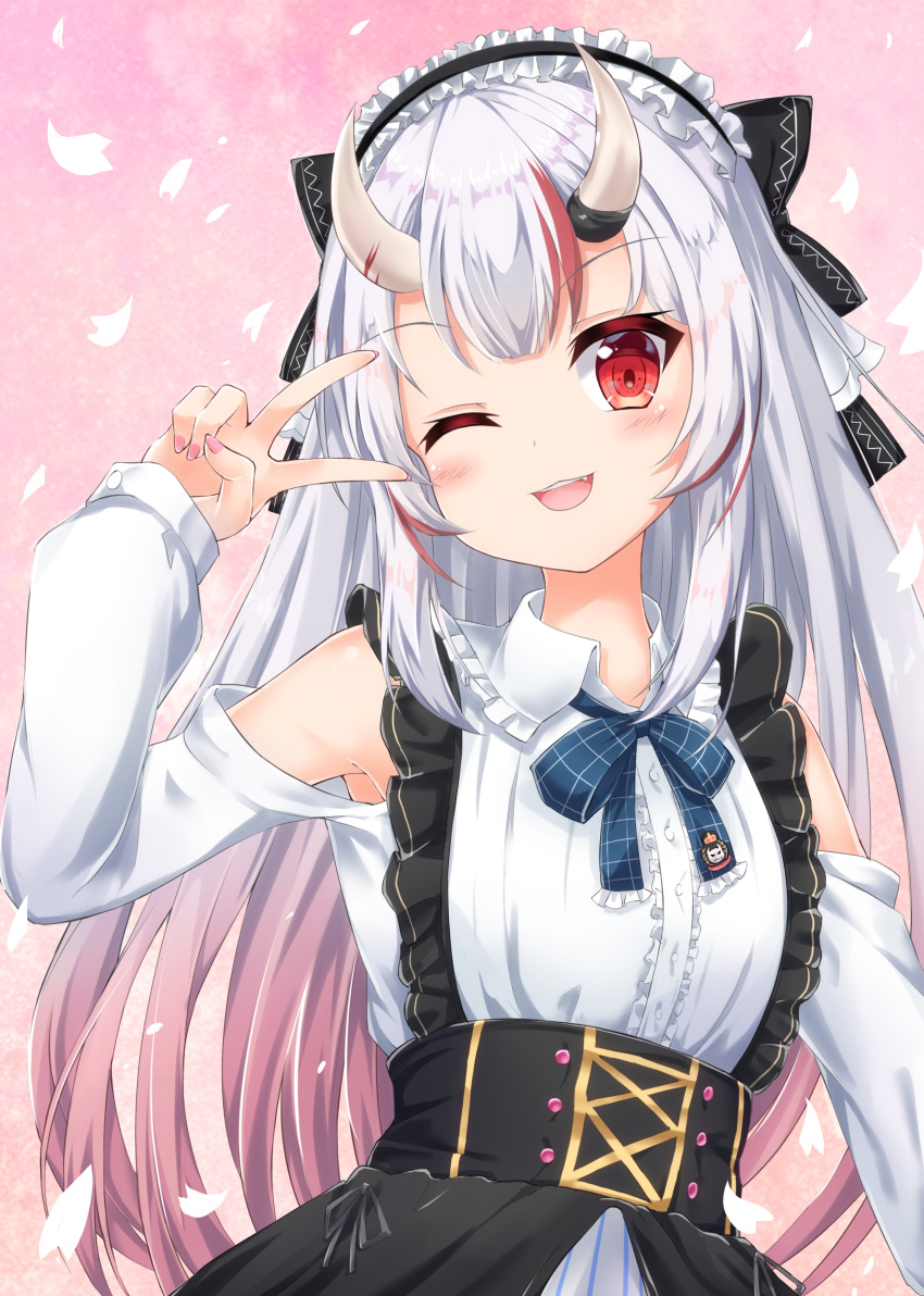 1girl absurdres alternate_costume armpits cherry_blossoms commentary_request fingernails hair_between_eyes highres hololive long_hair looking_at_viewer nakiri_ayame one_eye_closed oni_horns open_mouth pink_background red_eyes ribbon silver_hair simple_background solo v virtual_youtuber yukikawa_sara