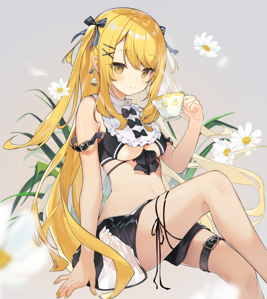 1girl arm_support bangs bare_arms bare_shoulders belt belt_buckle black_belt black_bow black_skirt blonde_hair blurry blurry_foreground bow breasts buckle closed_mouth cona_kinaco cup depth_of_field feet_out_of_frame flower grey_background hand_up highres holding holding_cup invisible_chair knee_up leg_belt long_hair medium_breasts nail_polish orange_nails original sitting skirt smile solo steam two_side_up under_boob very_long_hair white_flower yellow_eyes