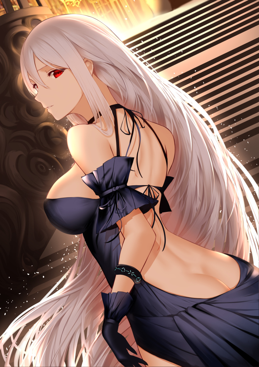 1girl absurdres arknights ass back backless_dress backless_outfit bangs bare_shoulders black_dress black_gloves bracelet breasts dress gloves hair_between_eyes higandgk highres jewelry large_breasts long_hair looking_at_viewer looking_back open_mouth parted_lips red_eyes silver_hair skadi_(arknights) smile solo