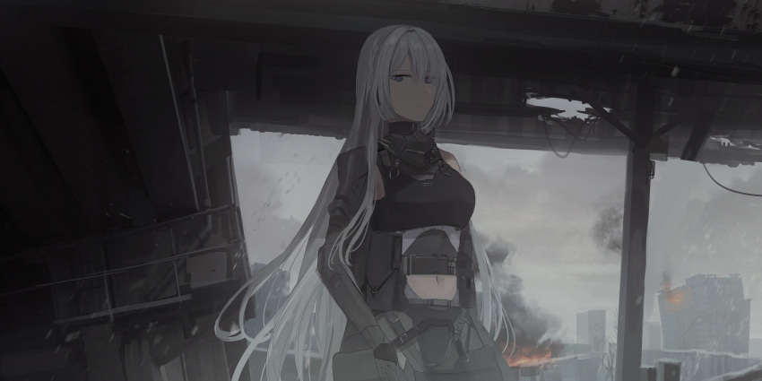 1girl absurdres ak-15_(girls_frontline) bangs black_gloves blurry blurry_background breasts chihuri closed_mouth cowboy_shot english_commentary eyebrows_visible_through_hair fire girls_frontline gloves grey_sky highres long_hair looking_at_viewer midriff navel pouch shoulder_armor silver_hair smoke solo very_long_hair violet_eyes