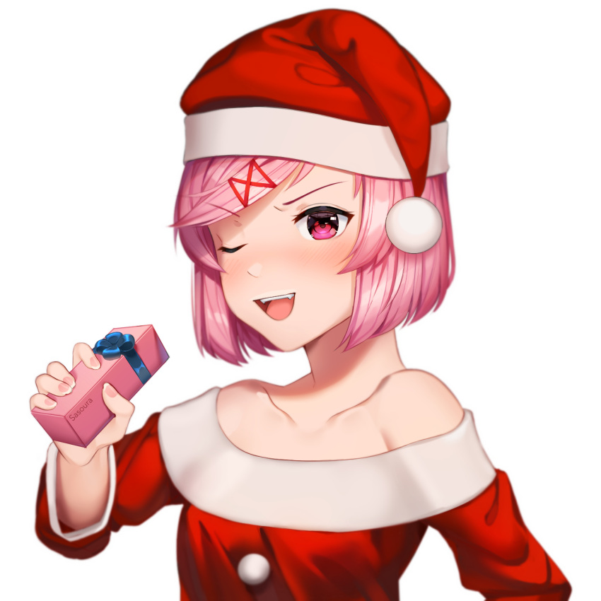 1girl ;d artist_name bare_shoulders blush box christmas collarbone commentary doki_doki_literature_club english_commentary eyebrows_visible_through_hair gift gift_box hair_ornament hairclip hat highres incoming_gift looking_at_viewer natsuki_(doki_doki_literature_club) off_shoulder one_eye_closed open_mouth pink_eyes pink_hair pom_pom_(clothes) santa_costume santa_hat sasoura short_hair simple_background smile solo upper_body v-shaped_eyebrows white_background x_hair_ornament