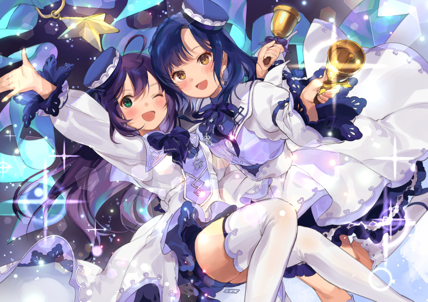 2girls :d ;d absurdres ahoge arm_up artist_name bell blue_bow blue_hair blue_headwear blue_ribbon blush bow brown_eyes commentary_request dress floating_hair glint green_eyes highres holding_bell huge_filesize idolmaster idolmaster_million_live! long_hair looking_at_viewer mochizuki_anna multiple_girls nanao_yuriko neck_ribbon nys one_eye_closed open_mouth outstretched_arm purple_hair ribbon smile sparkle star very_long_hair white_dress