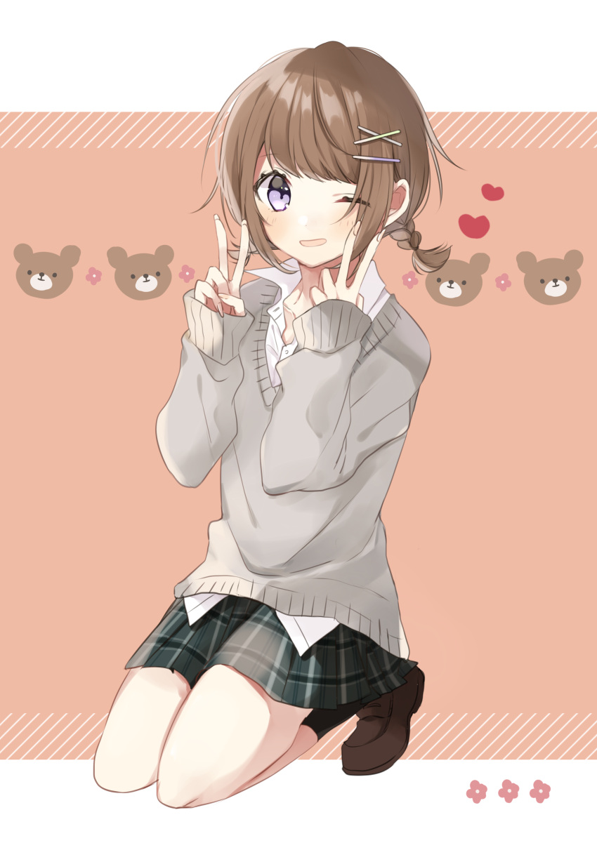1girl ;d absurdres black_legwear blush braid brown_background brown_footwear brown_hair collared_shirt commentary_request double_v dress_shirt full_body green_skirt grey_sweater hachimitsu_honey hair_ornament hairclip hands_up heart highres loafers long_sleeves one_eye_closed open_mouth original plaid plaid_skirt pleated_skirt seiza shirt shoes short_hair sitting skirt sleeves_past_wrists smile socks solo sweater twin_braids v violet_eyes white_shirt x_hair_ornament