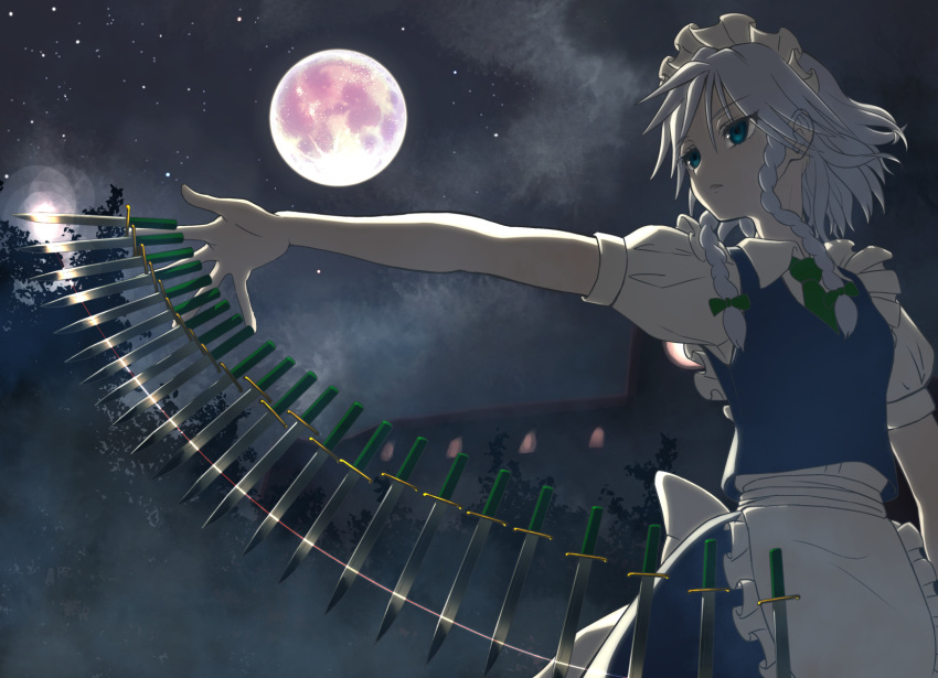 1girl apron bangs blue_eyes blue_skirt blue_vest bow braid breasts commentary_request cowboy_shot eyebrows_visible_through_hair frilled_apron frills full_moon green_bow green_neckwear hair_bow highres izayoi_sakuya knife maid maid_apron maid_headdress moon necktie night night_sky outdoors outstretched_arm partial_commentary puffy_short_sleeves puffy_sleeves setsuden shirt short_hair short_sleeves silver_hair skirt skirt_set sky small_breasts solo standing touhou twin_braids vest waist_apron white_apron white_shirt