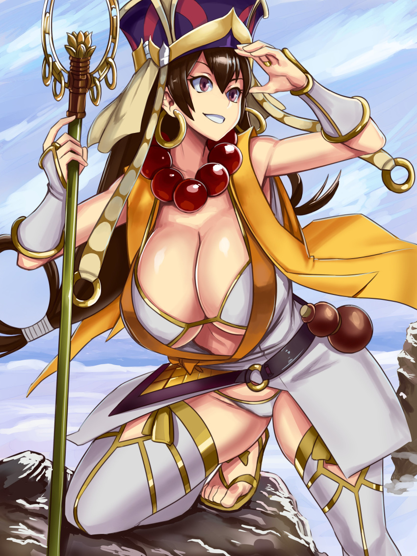 1girl :d absurdres armpits bead_necklace beads bikini black_hair bridal_gauntlets earrings fate/grand_order fate_(series) hair_between_eyes headpiece highres hoop_earrings jewelry long_hair looking_away necklace open_mouth outdoors prayer_beads shakujou smile solo staff standby swimsuit thigh-highs violet_eyes white_bikini white_legwear xuanzang_(fate/grand_order)