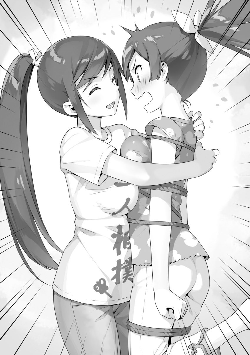 2girls :d blush breast_press closed_eyes floating_hair from_side greyscale head_tilt hentai_ouji_to_warawanai_neko. high_ponytail highres kantoku leg_hug long_hair maimaki_mai monochrome multiple_girls novel_illustration official_art open_mouth pants print_shirt restrained shiny shiny_hair shirt short_sleeves smile standing standing_on_one_leg symmetrical_docking tsutsukakushi_tsukushi very_long_hair yuri