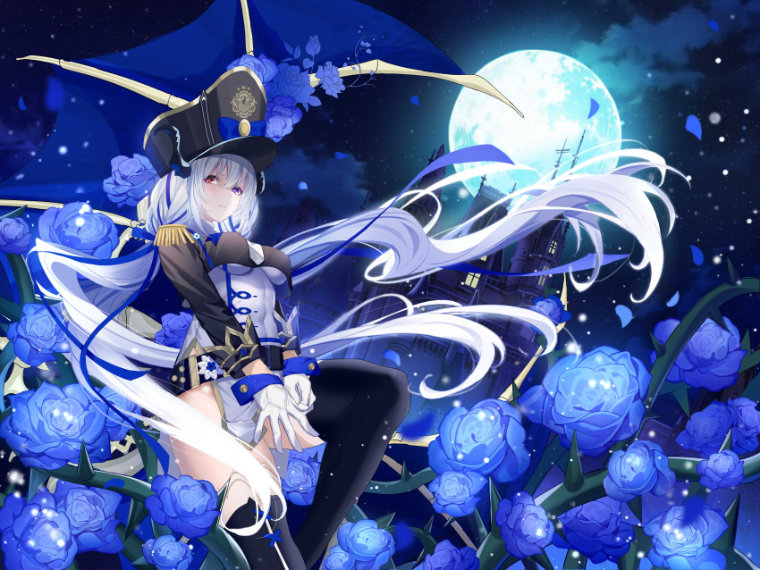 1girl absurdres belt black_headwear black_legwear blue_flower blue_ribbon breasts epaulettes flower gloves hair_ribbon hat heterochromia highres long_hair long_sleeves low_twintails mansion medium_breasts military_hat moon night night_sky official_art original outdoors pei_er_xia red_eyes ribbon sky solo thigh-highs thorns twintails violet_eyes white_gloves white_hair